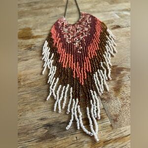 Waterfall Seed Bead Fringe Necklace in Coral and Brown